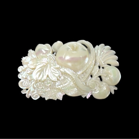 Vintage Jewelry - Vintage mother-of-pearl Nacre 40’s carved floral & fruit Harvest Brooch Pin